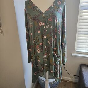 LOGO Lori Goldstein Size 1X Olive Green Floral Lagon Look Button Front Cardigan